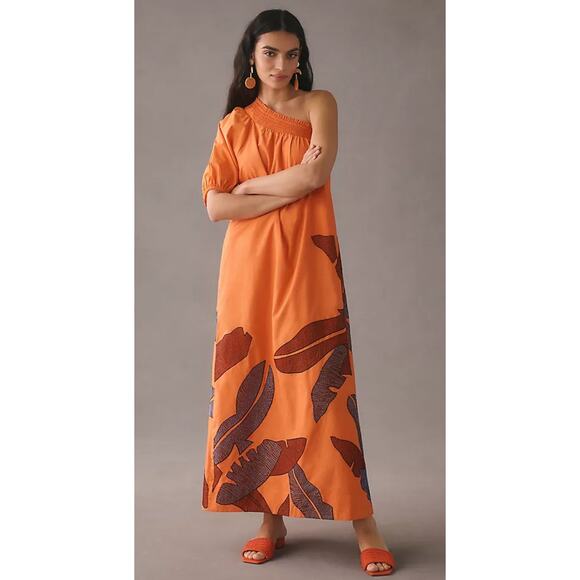 Anthropologie Maeve Orange One-Shoulder Embroidered Maxi Dress - Picture 12 of 13